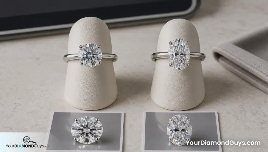 Round and oval solitaire sample rings on display forms with blank proof photo cards