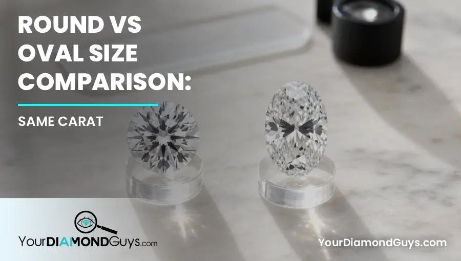 Same carat round and oval diamonds on clear stands showing compact brightness and longer finger coverage