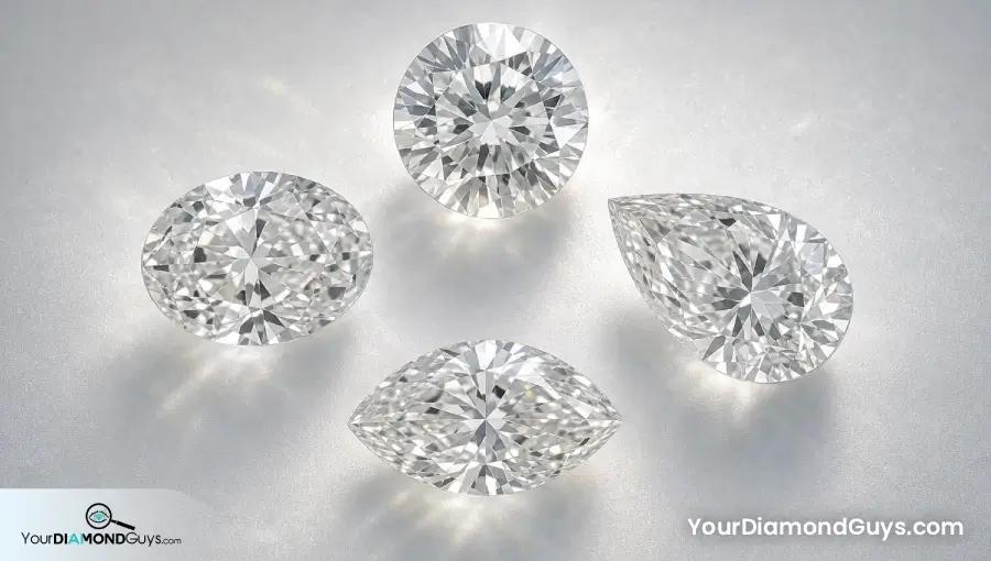 One carat round oval pear and marquise diamonds arranged radially to compare face up coverage