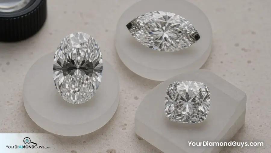 Oval marquise and cushion diamonds showing bow tie tip darkness and compact spread