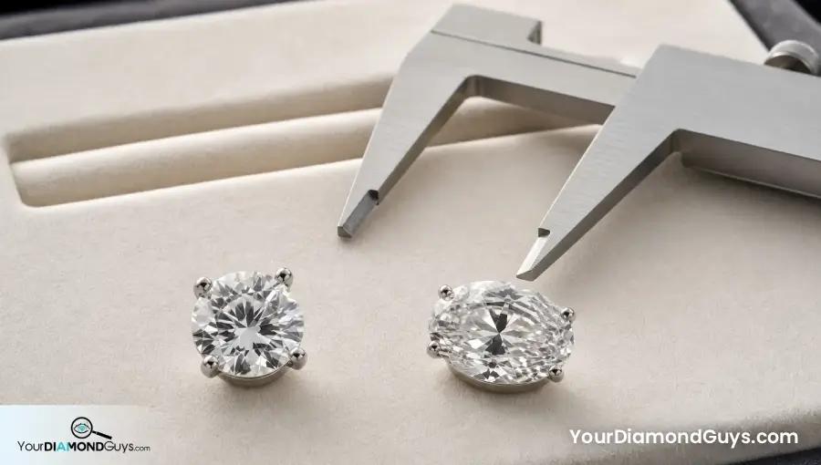 Round and oval diamonds on a small ring-size fitting tray beside blank calipers