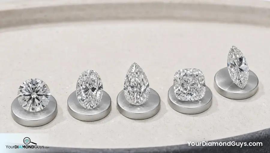 Round oval pear cushion and marquise diamonds compared on a petite shape tray