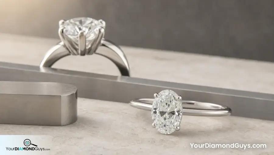 Low profile oval ring beside a taller heavy setting showing petite proportion