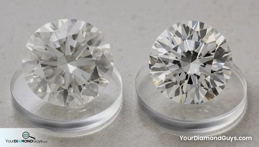 Wide shallow round diamond beside balanced round diamond showing spread and light return