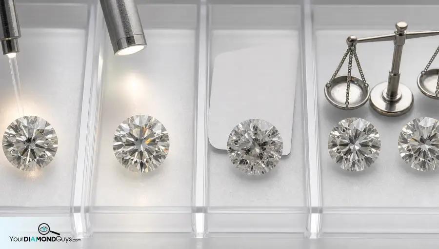 Four diamond inspection lanes showing laser drilling fracture filling missing disclosure and value comparison cues