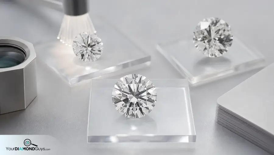 Clean round diamond selected on clear pad with treated and included candidates behind it