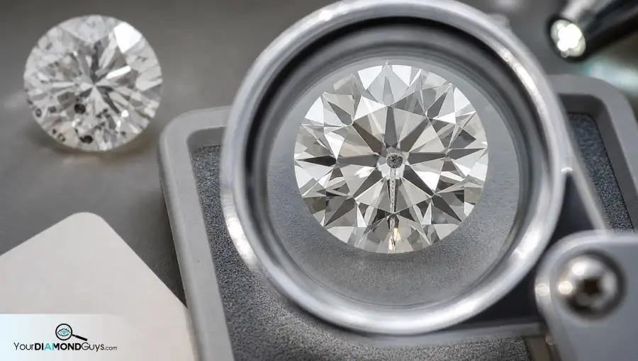 Treated round diamond under magnifier revealing drill channel and inclusion beside a risky included diamond