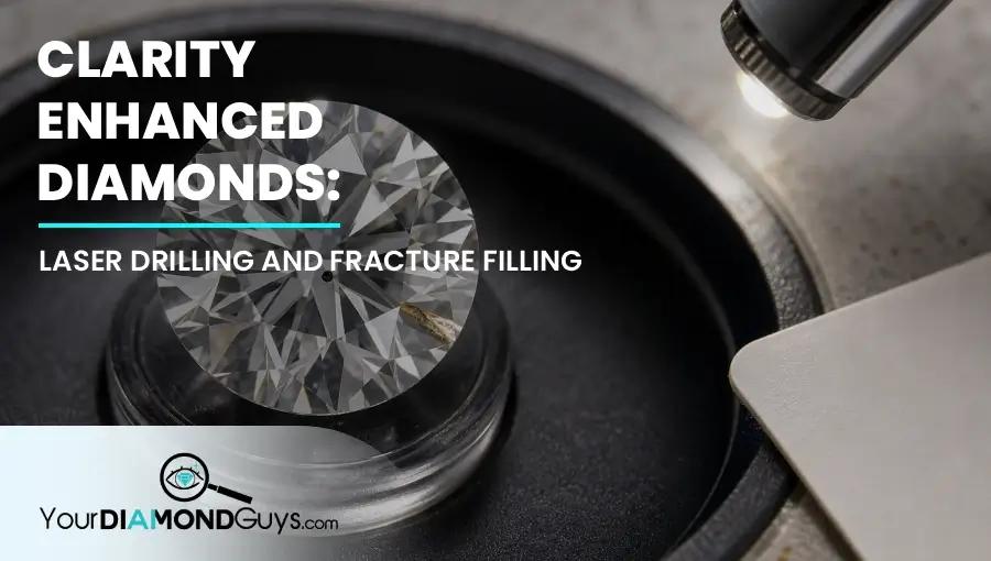 Round diamond under inspection light showing laser drilling and fracture filling treatment clues
