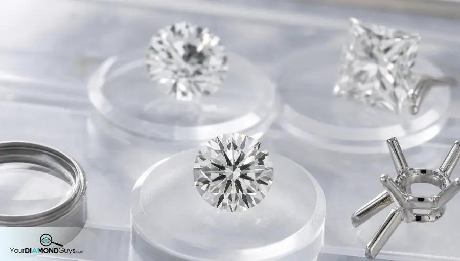 Clean accepted round diamond on acrylic pad with risky prong hide candidates blurred behind