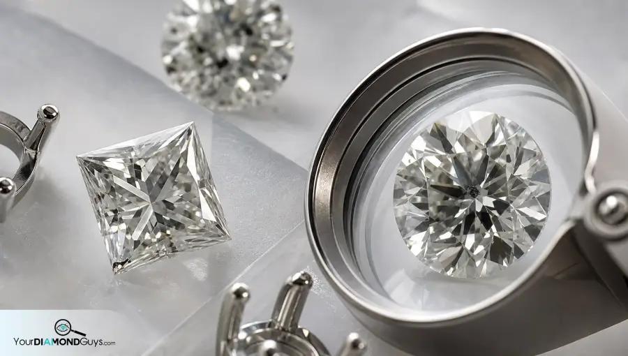Princess diamond corner risk and round diamond center mark inspected with prong setting parts