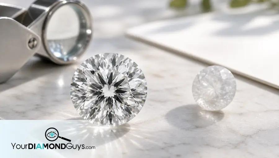 Ultra realistic crisp lab diamond beside a softer milky lab diamond in a natural inspection setting with a jeweler loupe.