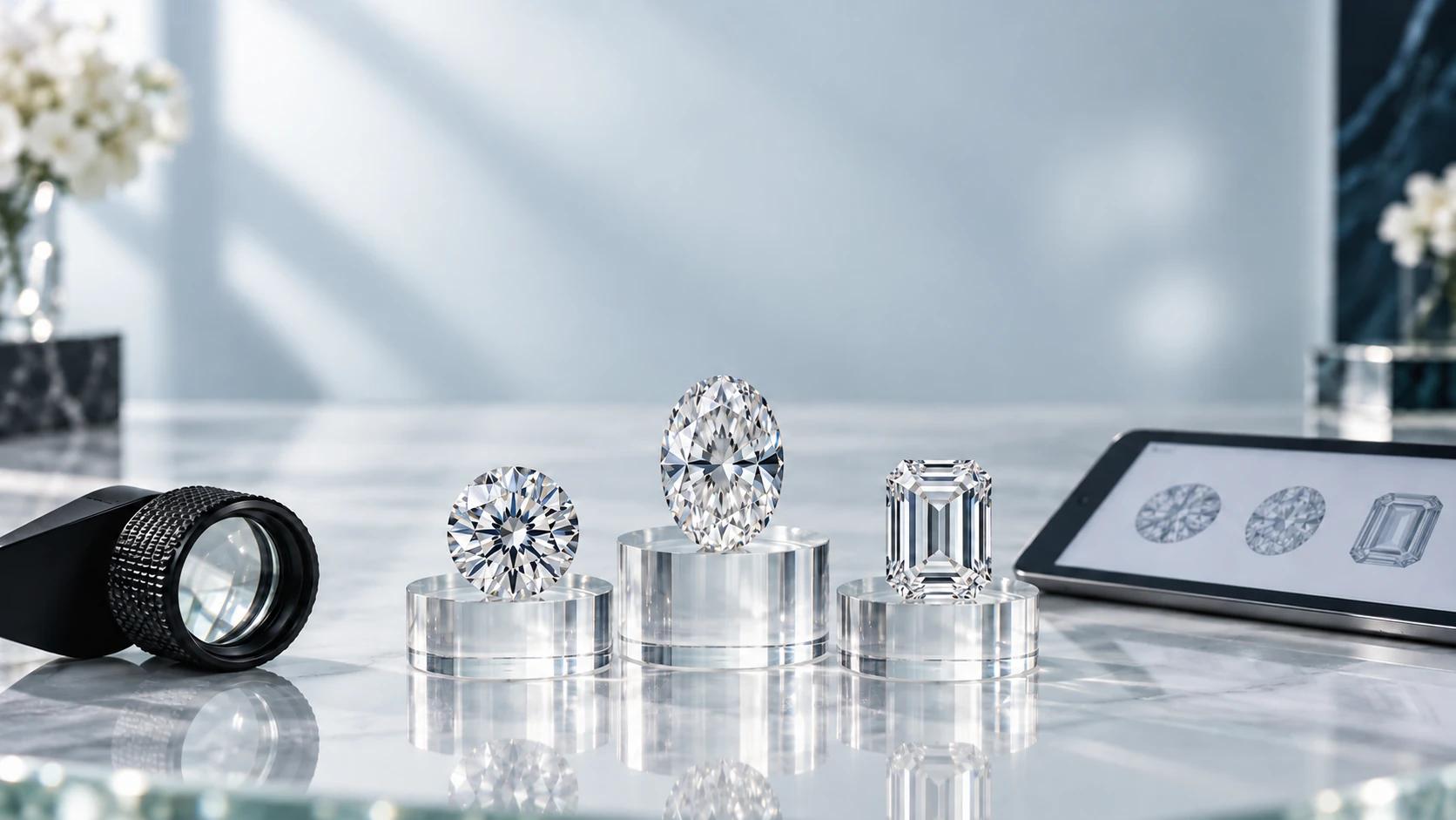 Diamond retailer comparison studio with loupe and diamonds
