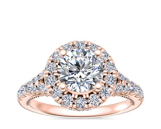 Lace bridge split shank halo diamond ring.