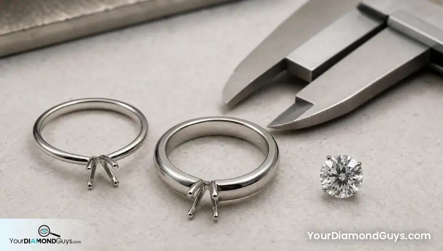 Thin and sturdier platinum ring bands compared beside blank calipers and a round diamond