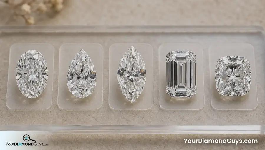 Oval pear marquise emerald and cushion diamonds in blank length and width footprint windows