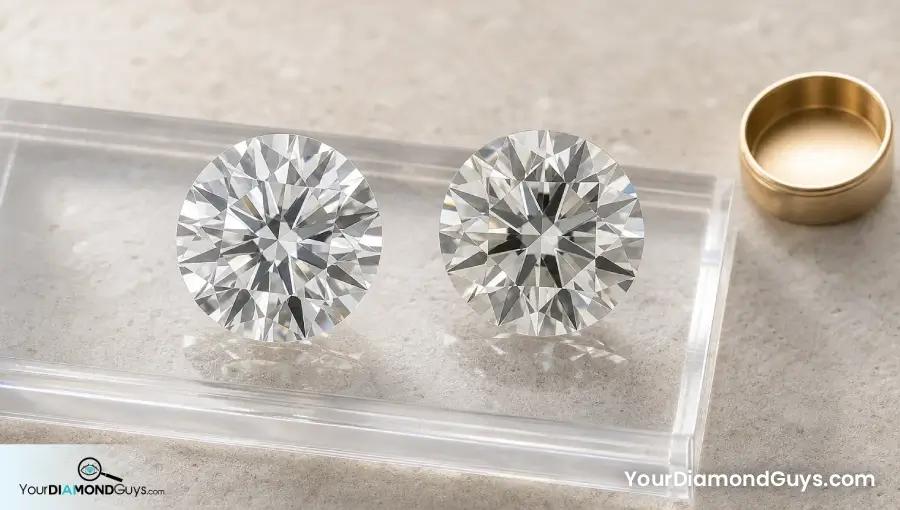 Two round diamonds on a comparison tray showing a brighter just under milestone stone
