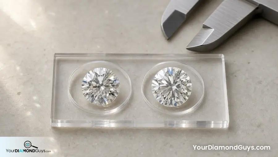 Two round diamonds in clear tolerance wells with blank calipers for millimeter pair matching