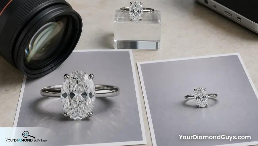 Oval diamond ring photographed at close and normal camera distances showing size distortion