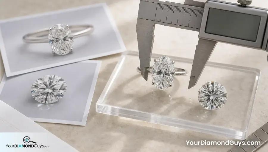 Round and oval diamonds with calipers and blank proof photos connecting visual size to millimeters