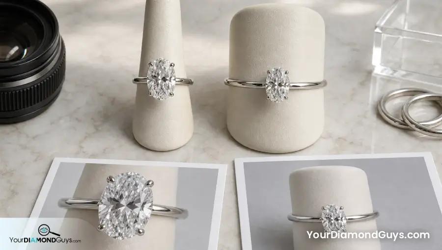Same oval diamond ring on small and larger finger size display forms showing visual coverage