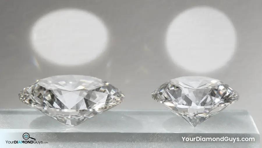 Two equal carat round diamonds with broad shallow and narrow deep profiles on a glass bar