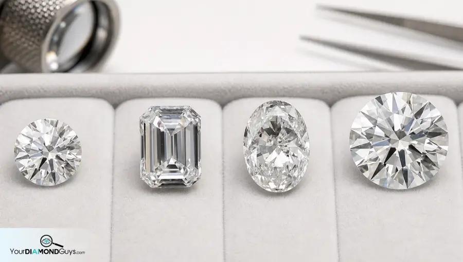 Round emerald oval and large round diamonds arranged for shape specific clarity screening