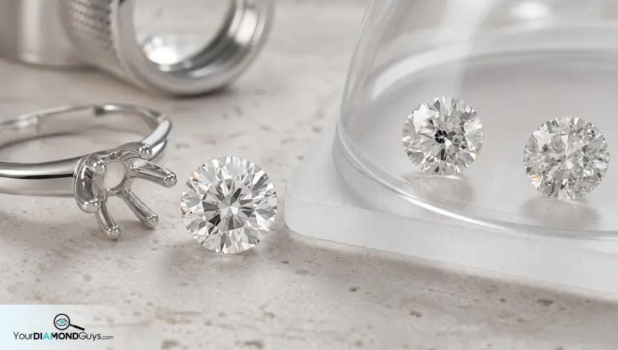 Bright eye clean diamond aligned with an empty setting beside rejected included candidates under inspection