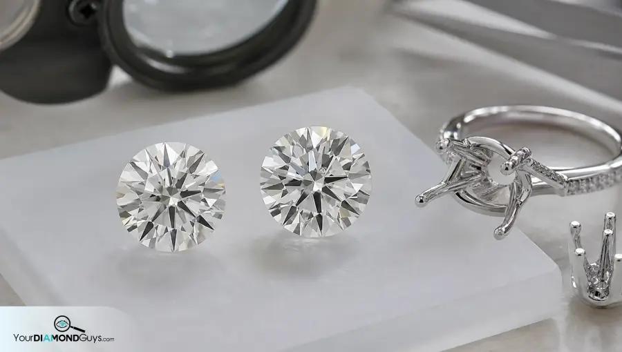 Loose round diamonds beside an empty engagement ring setting for clarity and prong risk review