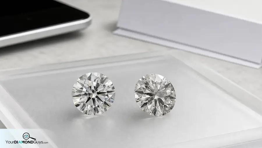 Loose round diamonds beside blank comparison materials showing visible inclusion risk beyond the clarity grade