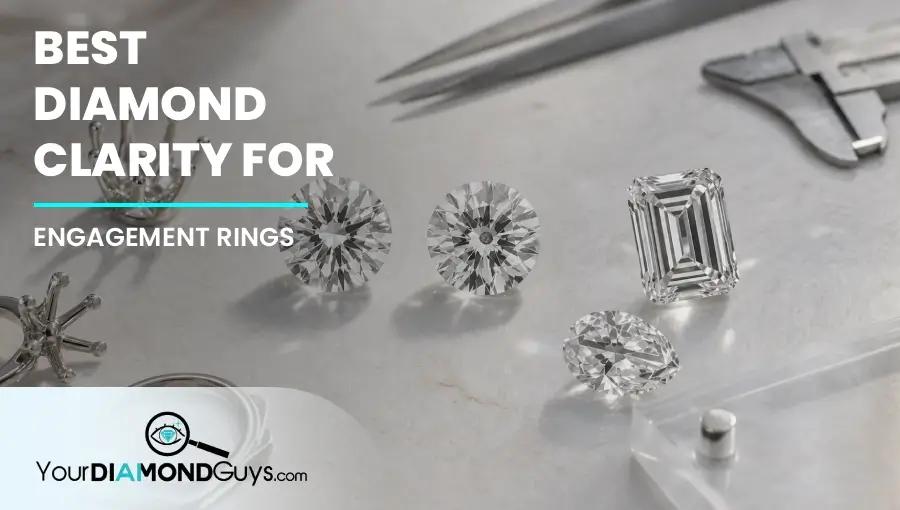 Loose diamond shapes beside empty engagement ring setting parts for clarity review