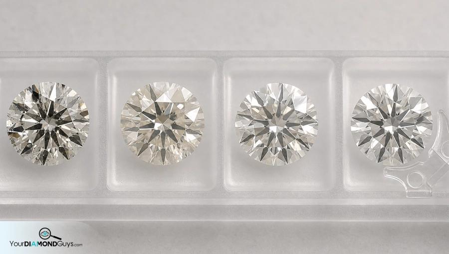 Four round diamonds in inspection lanes showing black table marks white edge features light pinpoints and edge dark marks