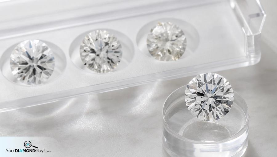 Bright eye clean round diamond separated from black table and white edge inclusion candidates