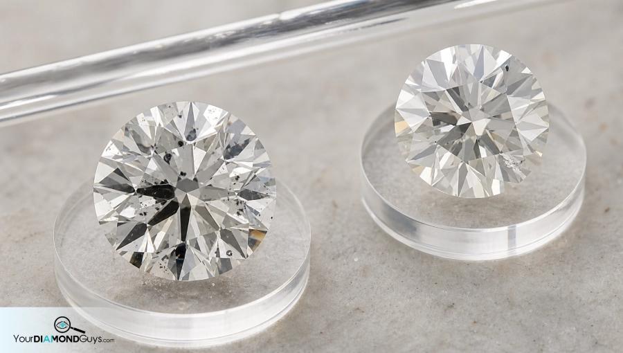 Two round diamonds comparing a black table inclusion with a pale white edge inclusion