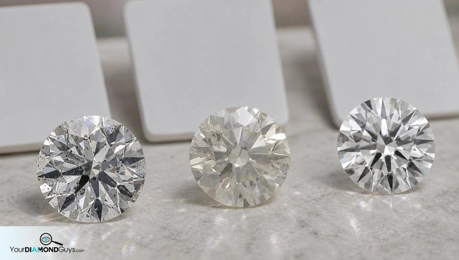 Three round diamonds before blank comparison cards showing black inclusions pale inclusions and a cleaner control stone