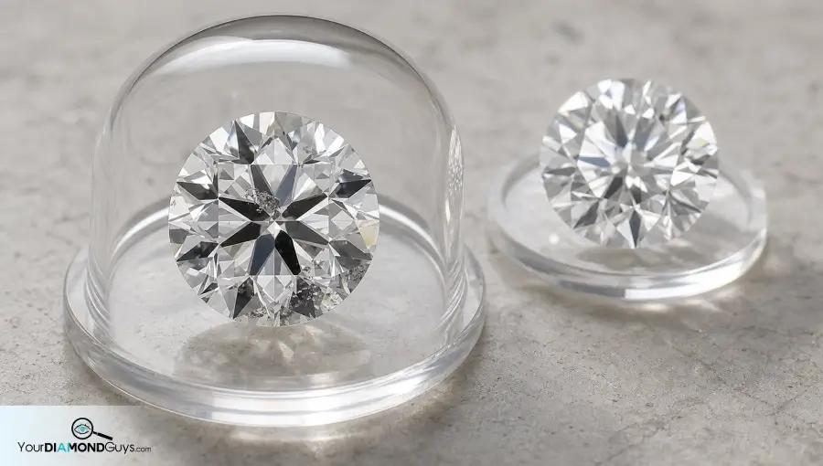 Two round diamonds under the same light showing crowded inclusions versus cleaner sparkle
