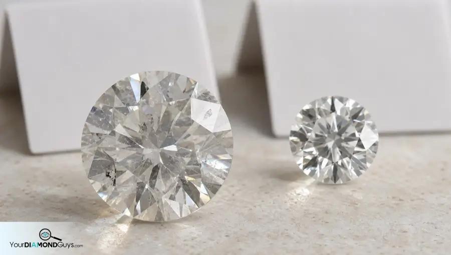 Blank comparison cards behind a cloudy round diamond and a cleaner round diamond
