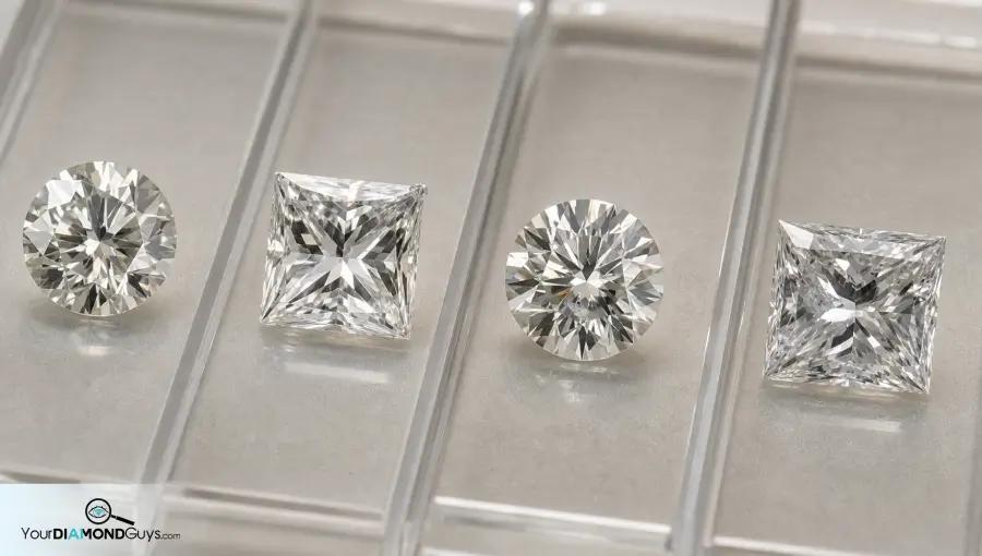 Four loose diamonds in clear inspection lanes showing polish line chip cavity and bruise screening examples