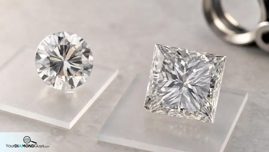 Two loose diamonds on acrylic comparison pads showing a harmless surface mark beside a risky chipped princess cut diamond