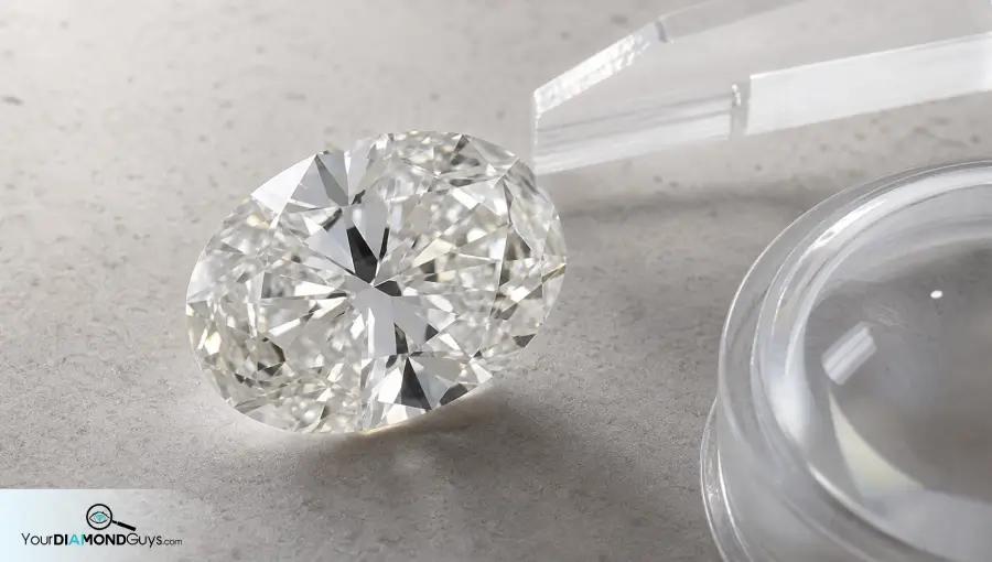 Larger oval diamond checked with a blank magnification dome and clear size gauge for center and edge safety