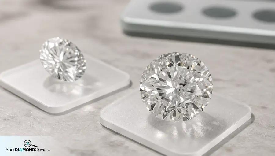 Larger diamond with visible center inclusion compared with a smaller cleaner diamond on frosted acrylic pads