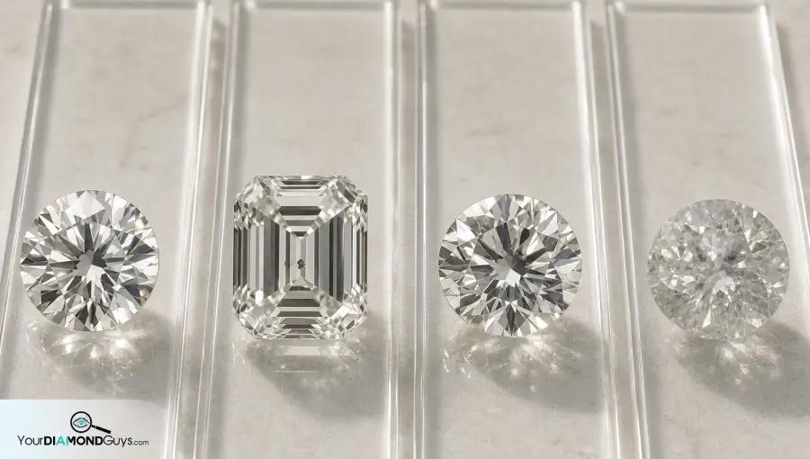 Four loose diamonds in clear inspection lanes showing cut-first eye-clean round step-cut visible mark safe edge mark and cloudy higher-grade checks