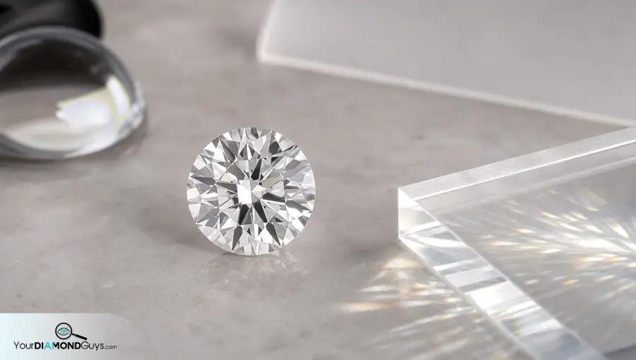 Eye-clean round diamond showing strong cut light return beside a blank optical inspection lens