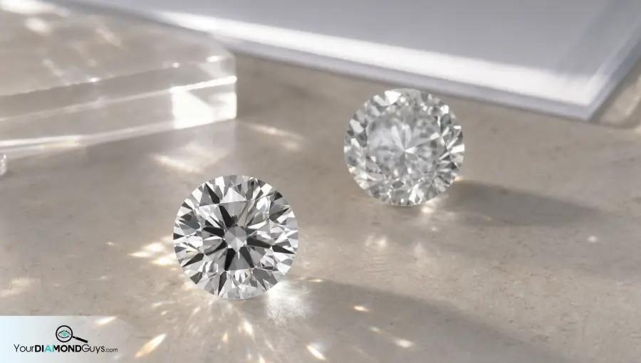 Bright eye-clean round diamond with stronger caustics in front of a duller paper-clean diamond under the same light