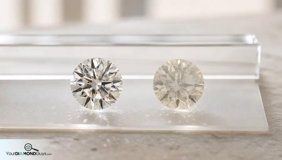 Clean round diamond beside a hazy round diamond on a frosted transparency inspection plate