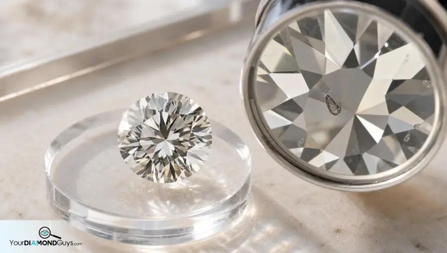 Round diamond on an acrylic inspection stage with a magnified crystal inclusion view