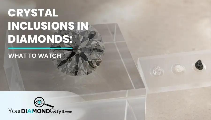 Round diamond with visible crystal inclusions beside clear white and dark crystal specimens