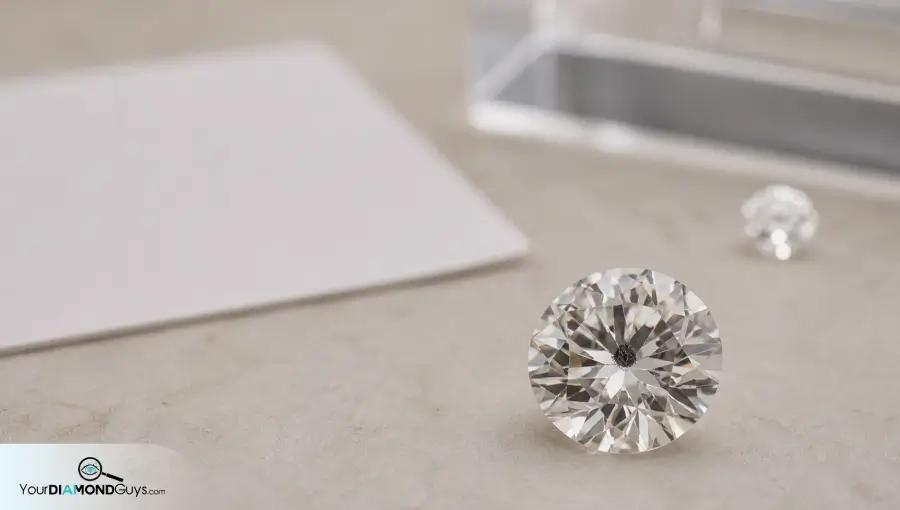 Round diamond with a visible black crystal under the table beside a blank inspection card