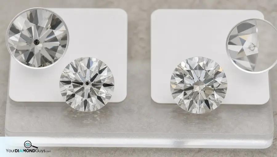 Two round diamonds compared with magnified dark table and pale edge inclusion examples
