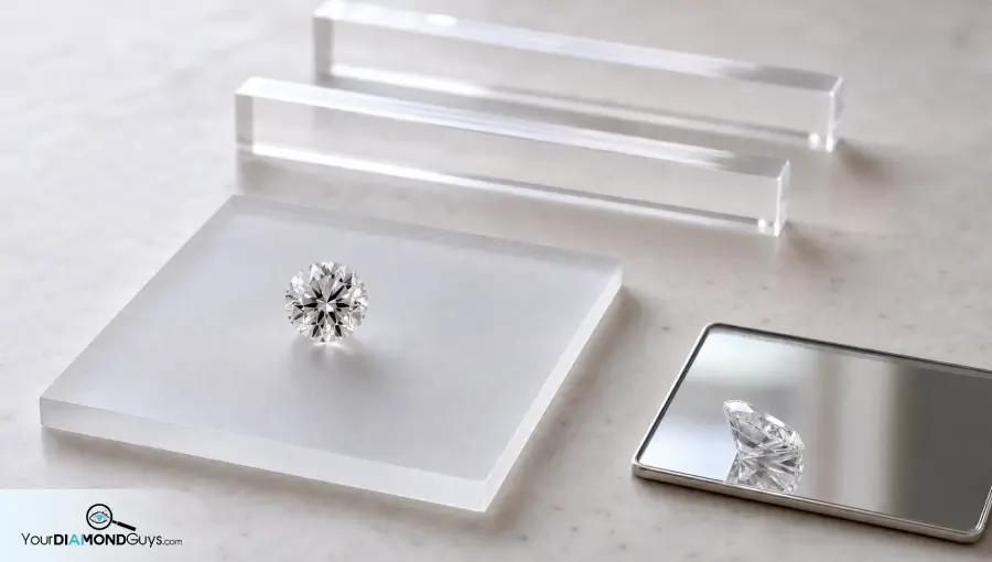 Loose round diamond on a frosted viewing tile with distance rails and a side view mirror