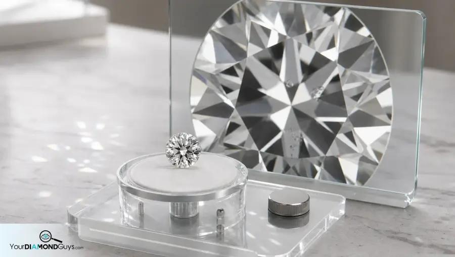 Loose round diamond on an acrylic rotating stage beside a blank magnified video review panel